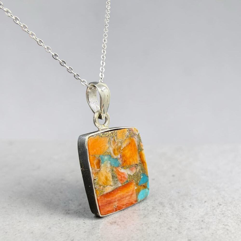 Spiny Oyster Copper Turquoise Pendant Necklace 925 Sterling Silver 18in Chain - Picture 3 of 6